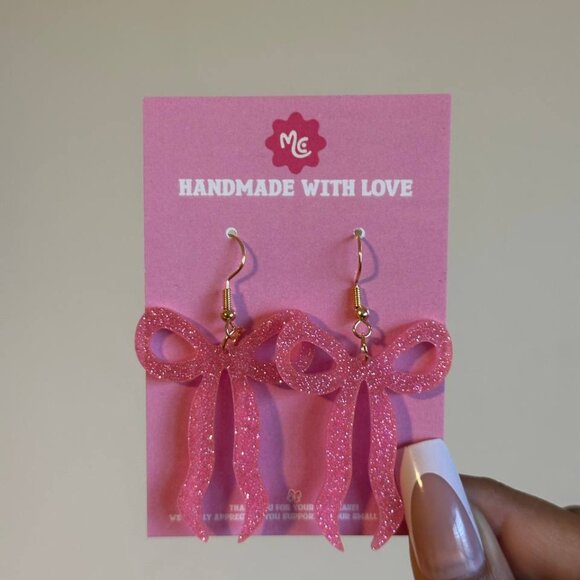 Pink Glitter Bow Earrings — Cute Girly Statement Dangles - Picture 4 of 4